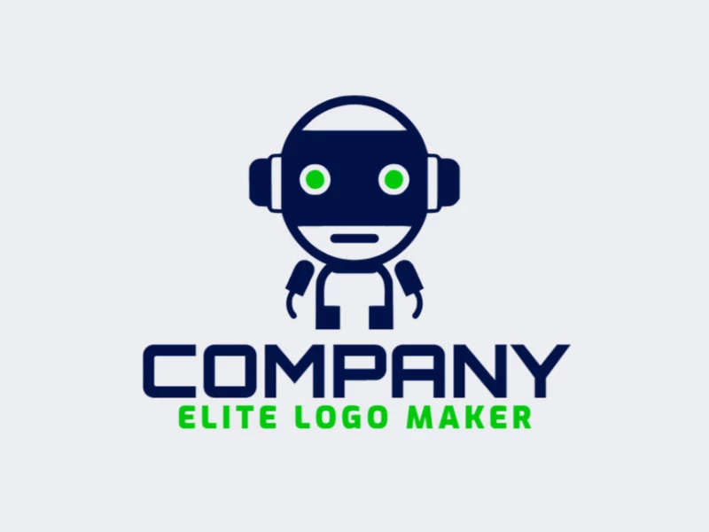 Crear un logotipo para su empresa en forma de un robot con estilo minimalista y colores verde y azul oscuro.