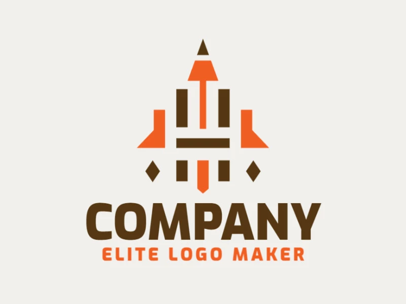 Logotipo simétrico creado con formas abstractas que forman un cohete combinado con un lápiz en colores naranja y marrón.