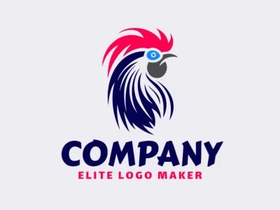 Logotipo simple compuesto de formas abstractas que forman una cabeza de gallo en colores rojo, gris, y azul oscuro.