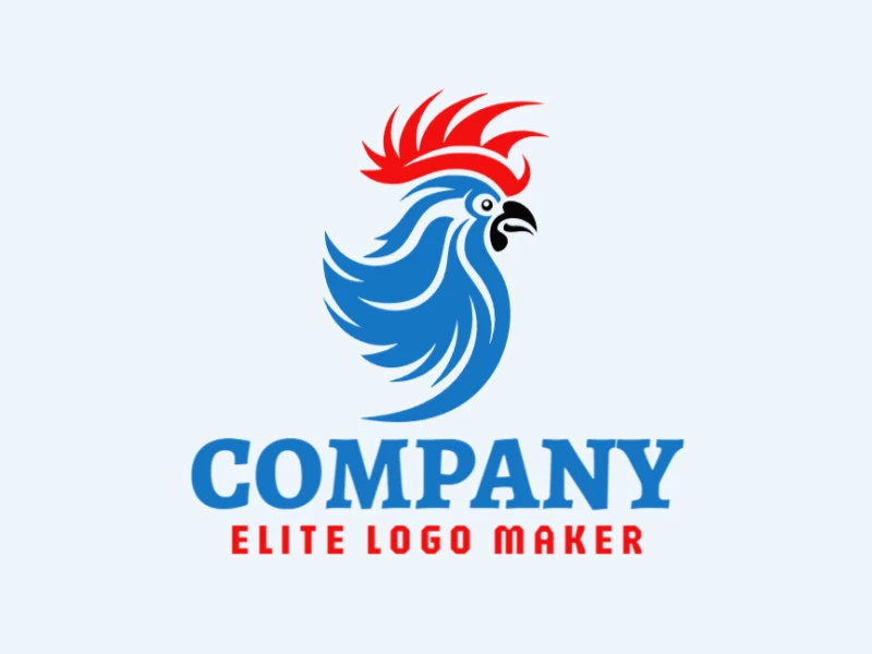 Un logotipo profesional en forma de cabeza de gallo con un estilo simple, en colores azul, rojo, y negro.