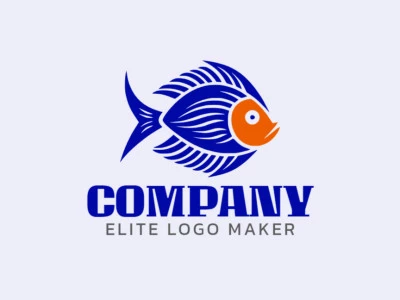 Un logotipo profesional en forma de pez asustado con un estilo abstracto, en colores naranja y azul oscuro.