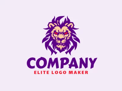 Un logo ilustrativo con un león aterrador, mezclando tonos de naranja, morado y beige para un diseño cautivador.