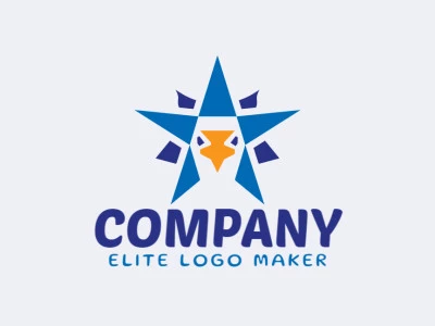 Logotipo creativo en forma de un pájaro combinado con una estrella con un diseño memorable y un estilo simétrico, los colores utilizados son azul y amarillo.