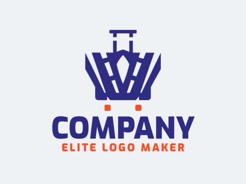 Logotipo disponible para venta en forma de una maleta combinado con una corona, con estilo abstracto y colores azul y naranja.