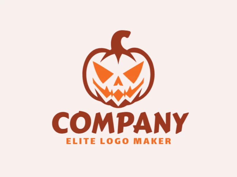 Un logotipo profesional en forma de calabaza aterradora con un estilo abstracto, en colores naranja y rojo oscuro.