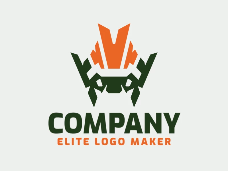 Logotipo abstracto con un diseño refinado, que forma un guerrero en colores verde y naranja.