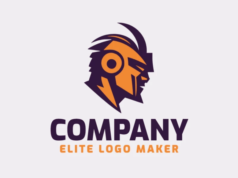 Logotipo personalizable en forma de un robot guerrero compuesto por un estilo mascota y colores naranja y violeta.