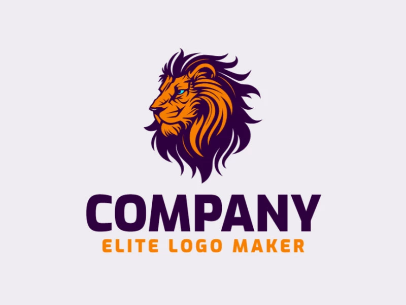 Un logotipo ilustrativo y creativo con un león salvaje en azul, naranja y púrpura, perfecto para simbolizar poder y creatividad.