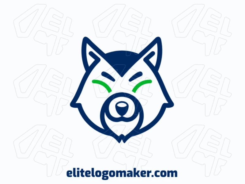 Un logo barato para negocios con la cabeza de lobo azul en estilo animal, combinando características destacadas y un diseño fuerte para una impresión audaz y memorable.