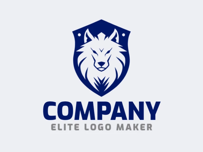 Logotipo mascota con formas sólidas que forman un lobo combinado con un escudo con un diseño refinado y colores azul y blanco.