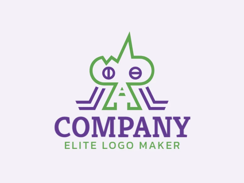 Logotipo customizável com a forma de um alienígena composto por um estilo monoline e cores verde e roxo.