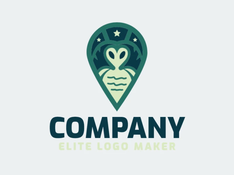 Logotipo simples e profissional com a forma de um alienígena combinado com um ícone de localização com estilo abstrato, as cores utilizadas foi verde e bege.