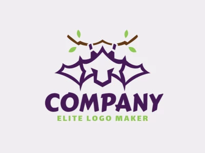 Logotipo elegante composto por formas simples formando um morcego combinado com um galho com estilo abstrato, as cores utilizadas foi marrom, verde, e roxo.