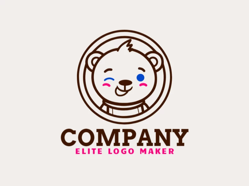 Um design de logotipo monolinear encantador apresentando um urso com linhas delicadas e uma mistura divertida de tons azul, marrom e rosa.