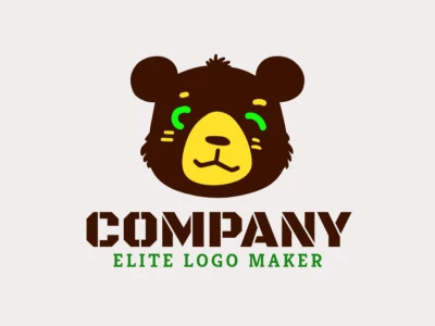 Um logotipo artesanal com uma cabeça de urso, estilizado de forma criativa com detalhes intrincados e destacado em verde, marrom e amarelo.