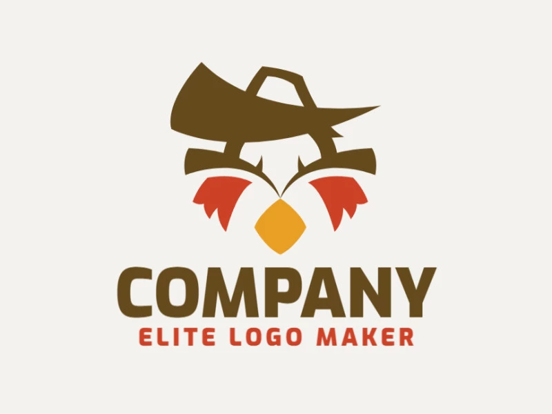 Logotipo customizável composto por formas geométricas e estilo mascote formando um pássaro combinado com um chapéu com cores amarelo, marrom, e laranja.