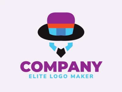 Logotipo profissional composto por formas estilizadas formando um chapéu mesclado com um pássaro com design simétrico, as cores utilizadas foi laranja, preto, roxo, e azul.