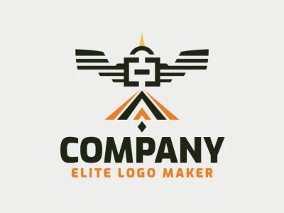 Crie seu próprio logotipo com a forma de um pássaro combinado com colchetes com estilo simétrico e com as cores laranja, preto, e amarelo.