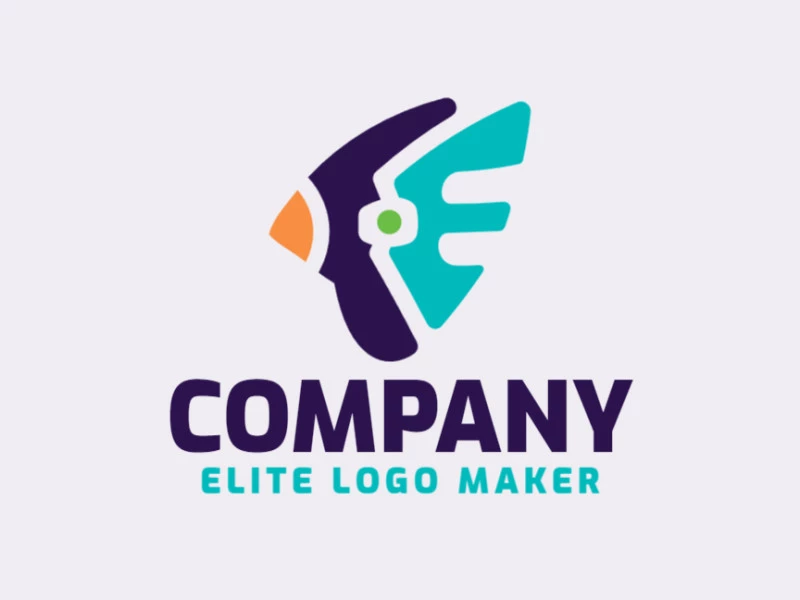 Logotipo simples composto por formas abstratas, formando um pássaro combinado com uma letra "E" com as cores verde, azul, e laranja.