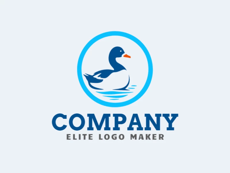 Logotipo simples composto por formas abstratas, formando um pato azul com as cores azul, laranja, e azul escuro.