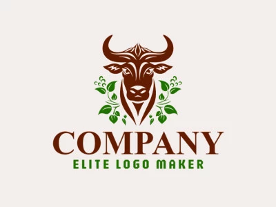 Logotipo criativo com a forma de um touro combinado com folhas, com design memorável e estilo ilustrativo, as cores utilizadas é verde e marrom.