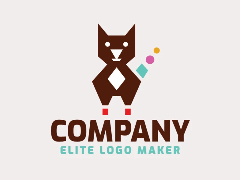 Logotipo criado com estilo simples formando um gato com as cores marrom, rosa, azul, e amarelo.