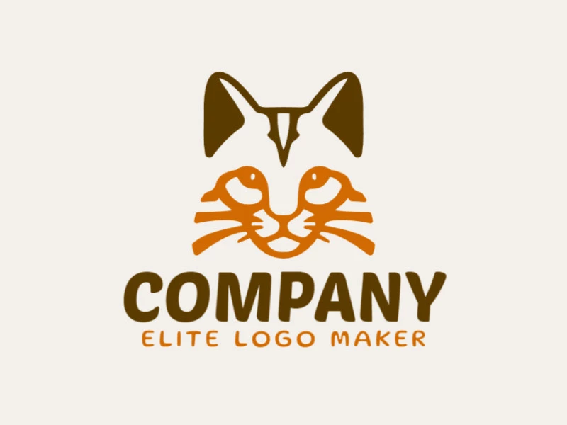 Logotipo simétrico com design refinado, formando uma cabeça de gato com as cores marrom e laranja.