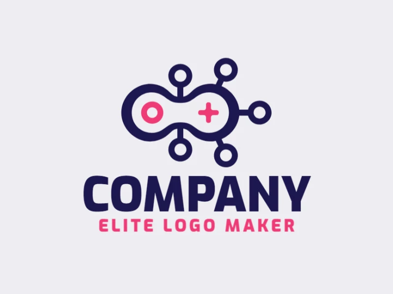 Logotipo com a forma de uma corrente, com design abstrato, e com as cores azul e rosa.