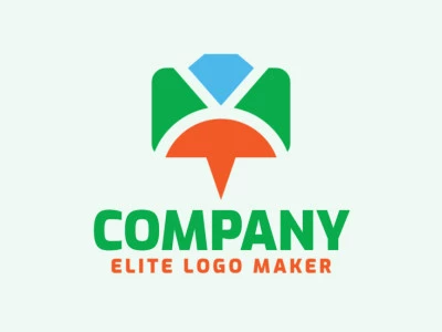 Logotipo vetorial com a forma de uma caixa de chat combinado com um anel com design minimalista e com as cores verde, azul, e laranja.