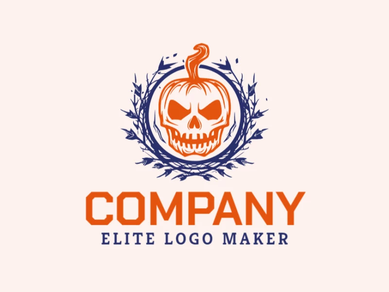 Logotipo criativo com a forma de um crânio combinado com folhas secas com design memorável e estilo abstrato, as cores utilizadas é laranja e azul escuro.