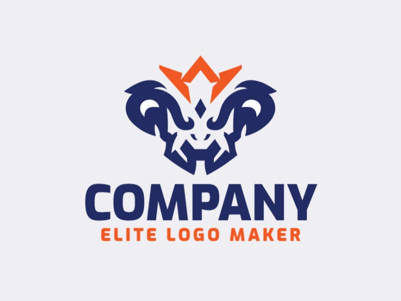 Logotipo abstrato com formas sólidas formando uma criatura com design refinado e com as cores azul e laranja.