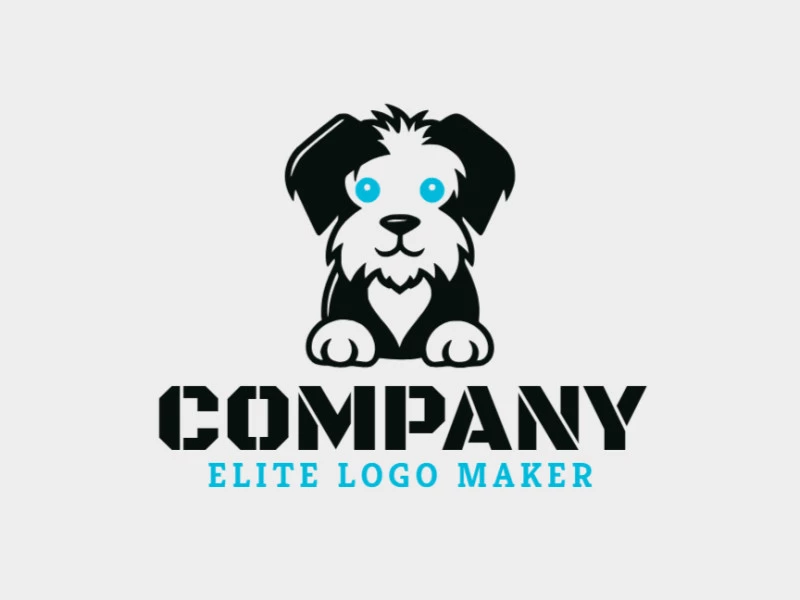 Logotipo criativo com a forma de um cachorro com design infantil e com as cores azul e preto.