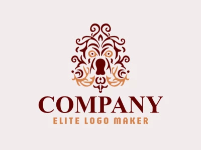 Logotipo vetorial com a forma de uma cabeça de cachorro com design ornamental e com as cores marrom e laranja.