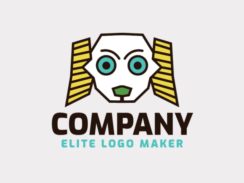 Logotipo simples e profissional com a forma de um cachorro com estilo ilustrativo, as cores utilizadas foi amarelo, preto, azul, e verde.