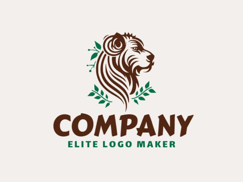 Logotipo disponível para venda com a forma de um cachorro combinado com folhas, com estilo ornamental e com as cores verde e marrom.