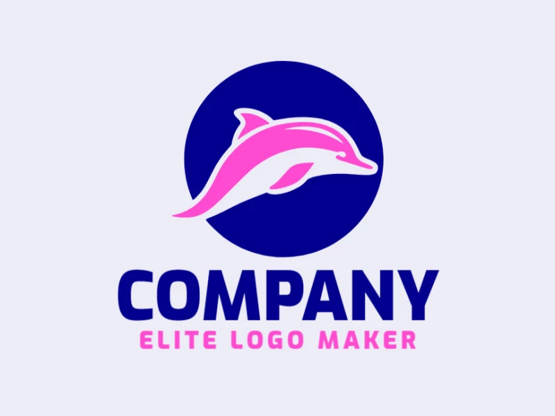 Logotipo minimalista com design refinado, formando um golfinho com as cores rosa e azul escuro.