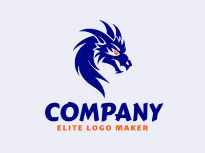 Crie um logotipo vetorizado apresentando um design contemporâneo de uma cabeça de dragão e estilo mascote, com um toque de sofisticação e com as cores laranja e azul escuro.