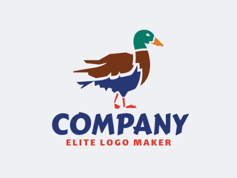 Logotipo criativo com a forma de um pato com design memorável e estilo abstrato, as cores utilizado foram laranja, marrom, azul, e verde.