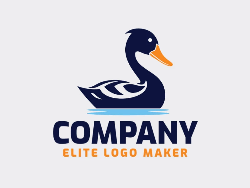 Logotipo vetorial com a forma de um pato com design minimalista e com as cores azul, laranja, e azul escuro.