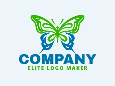 Crie seu próprio logotipo com a forma de uma borboleta elegante com estilo minimalista e com as cores verde e azul.