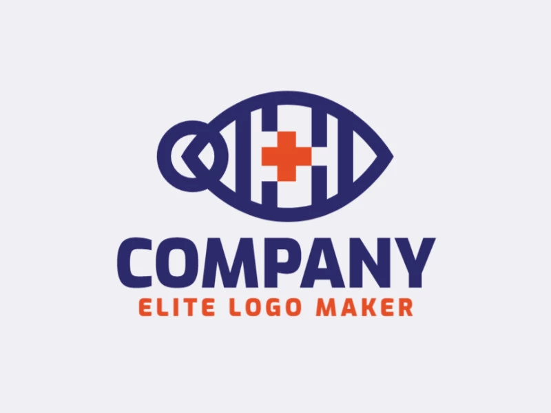 Logotipo vetorial com a forma de um olho combinado com um sinal de mais, com estilo minimalista e com as cores azul e laranja.