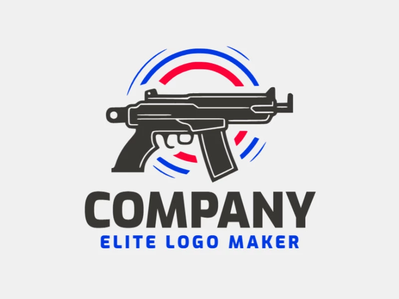 Crie um logotipo para sua empresa com a forma de uma arma de fogo com estilo abstrato e com as cores azul, vermelho, e preto.