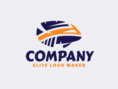 Logotipo criativo com a forma de um peixe com design minimalista e com as cores azul e laranja.