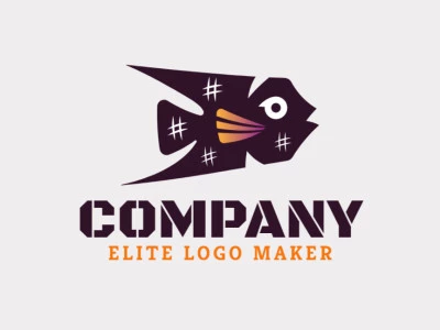 Logotipo vetorial com a forma de um peixe, com estilo abstrato e com as cores laranja, preto, e roxo.