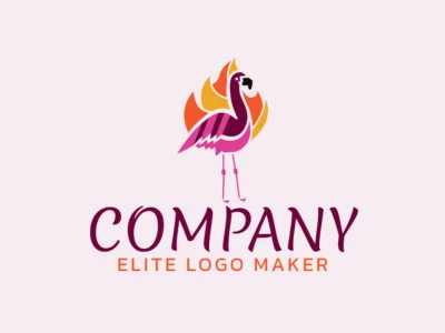 Logotipo ilustrativo customizável com a forma de um flamingo combinado com chamas de fogo com cores roxo, rosa, laranja, preto, e amarelo.