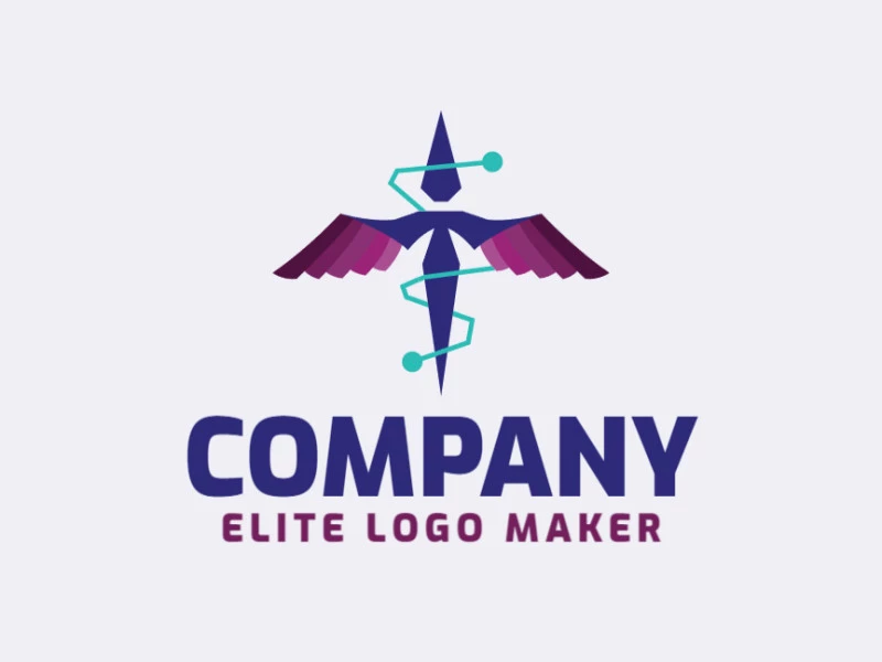 Logotipo disponível para venda com a forma de um pássaro voando com estilo criativo e cores azul e roxo.