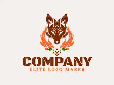 Este logo simétrico apresenta uma raposa com folhas em verde, marrom e laranja. É uma representação inspirada na natureza, perfeita para empresas eco-friendly.