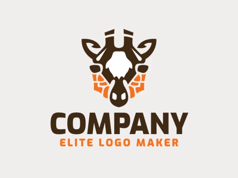 Logotipo simétrico com a forma de uma cabeça de girafa composto por formas abstratas e design refinado, as cores utilizadas no logotipo foi branco, laranja, e marrom.