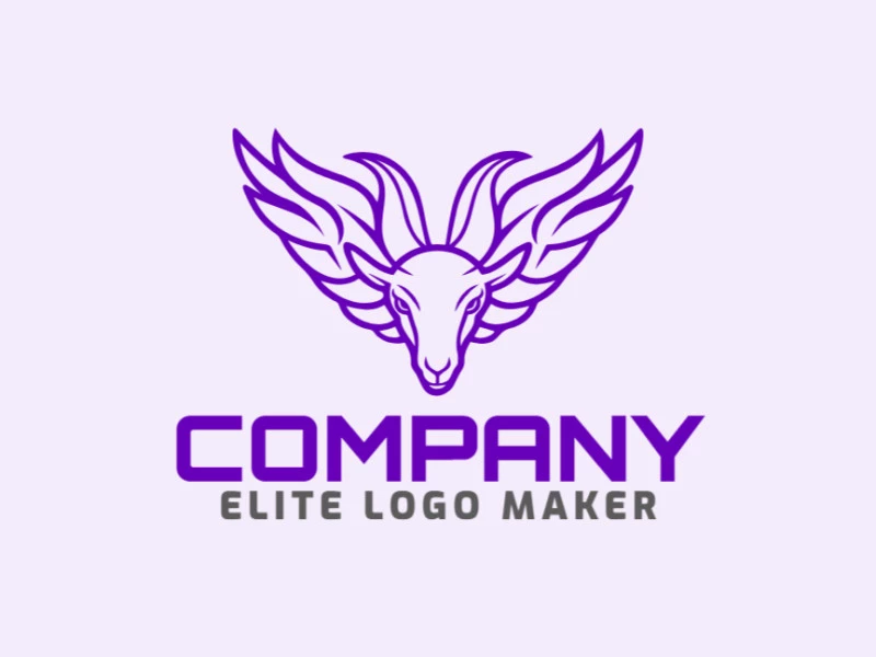 Logotipo disponível para venda com a forma de uma cabra combinado com asas com design monoline e cor roxo.