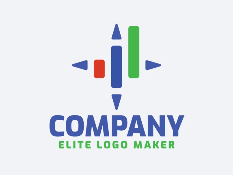 Logotipo disponível para venda com a forma de um gráfico combinado com setas, com estilo minimalista e cores verde, azul, e vermelho.